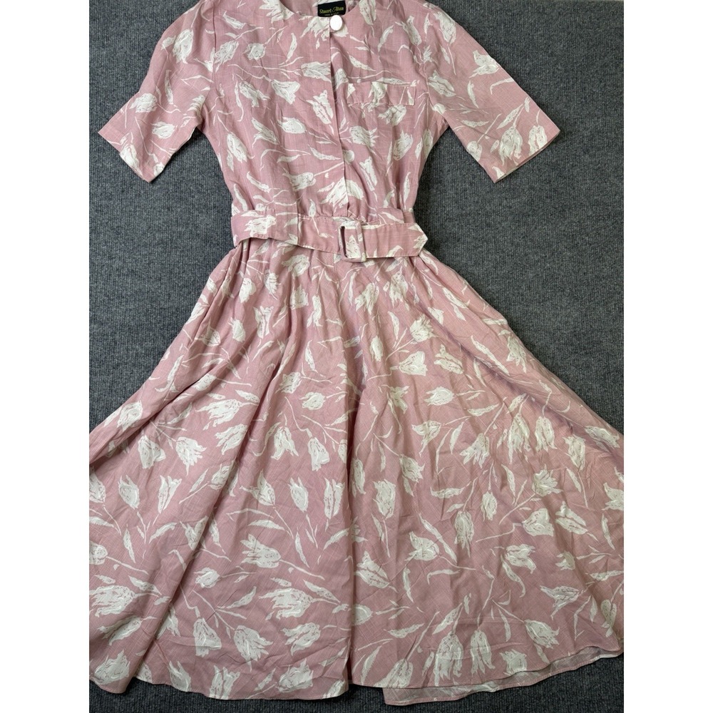 Vintage Stuart Alan Pink Floral Belted Dress Short Sleeve USA Made‎ Size 10